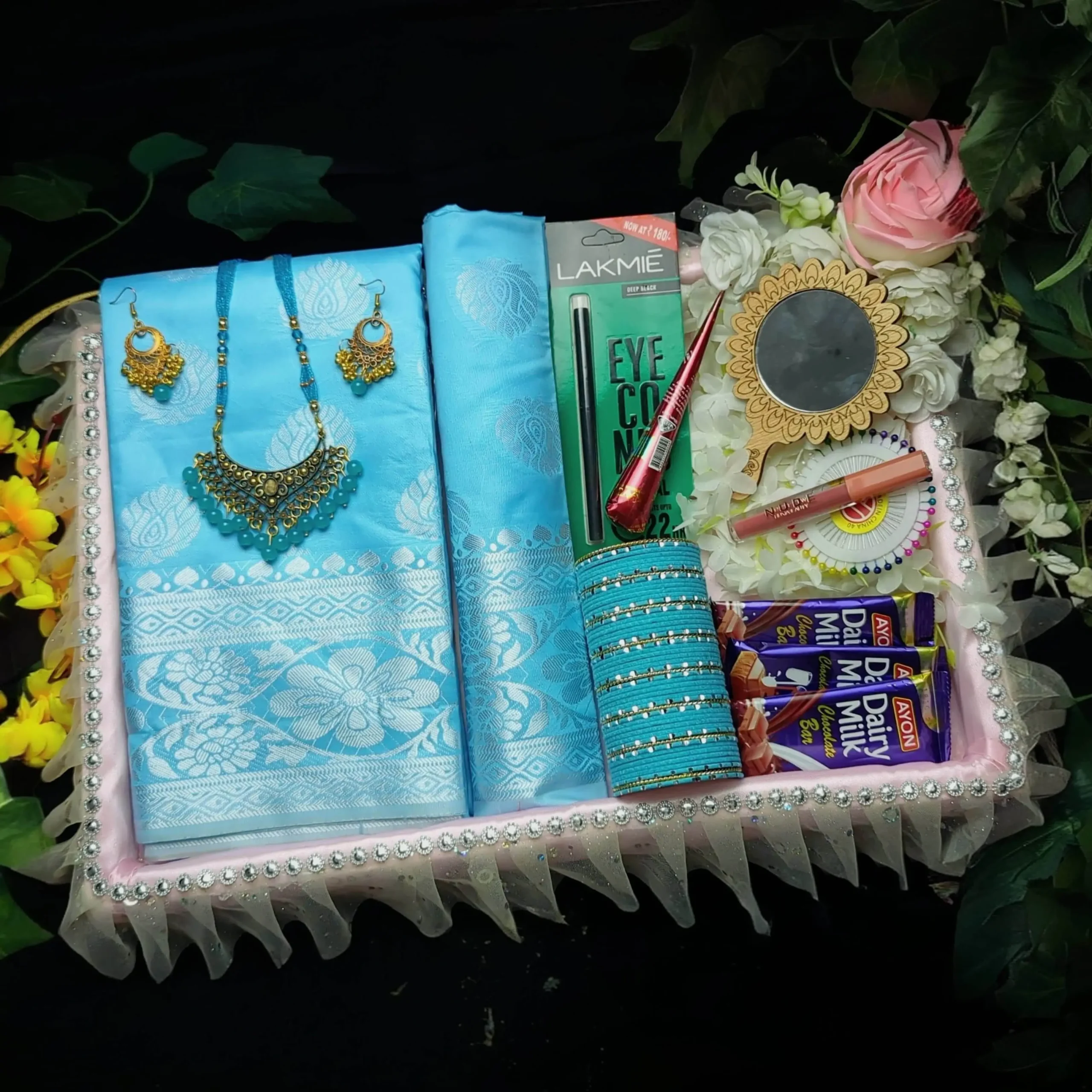 Sky Blue katan Saree Gift Box - স্নিগ্ধ আকাশী শাড়ি কম্বো