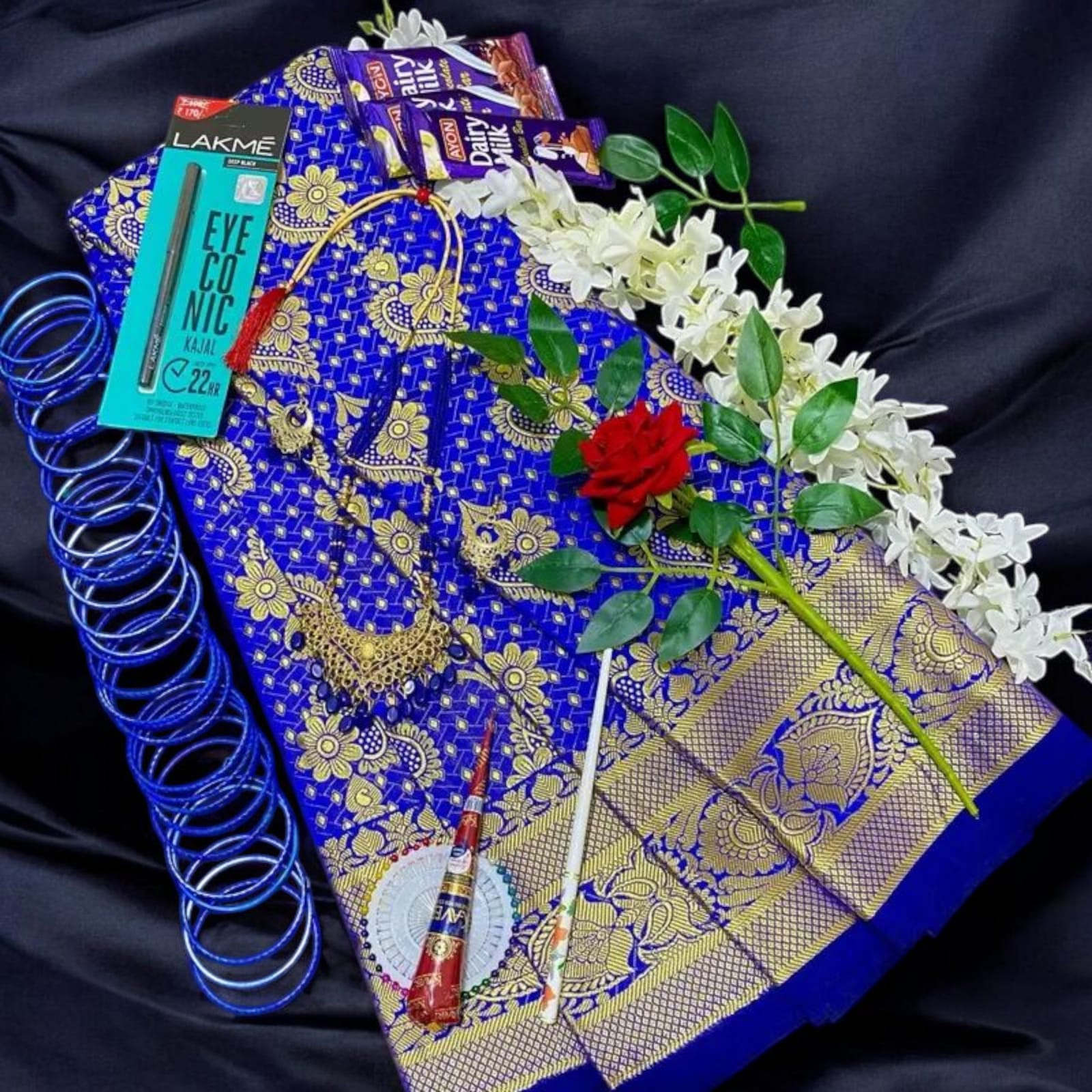 Blue Katan Saree Gift Combo Set -  সারপ্রাইজ বক্স