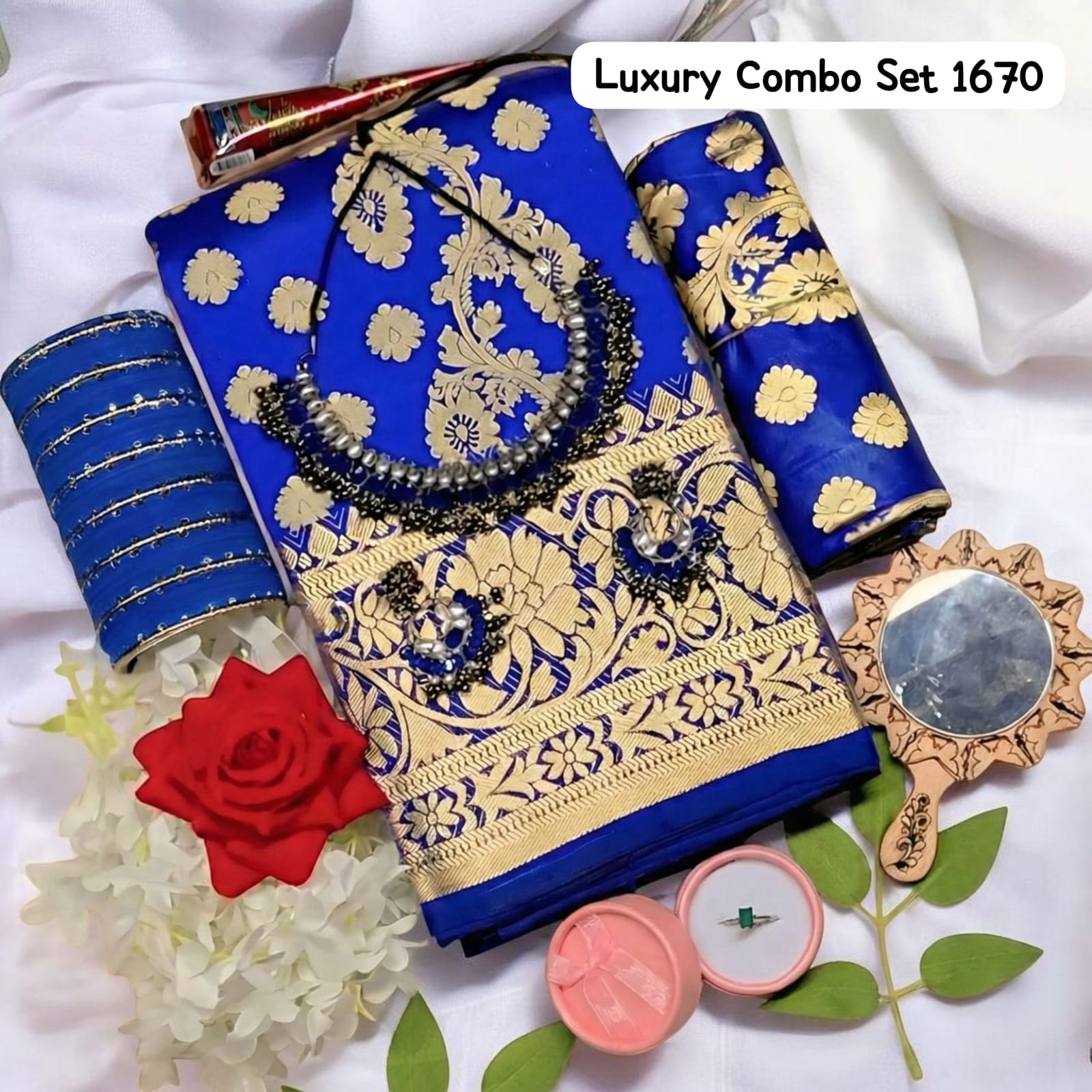 Blue Katan Saree Gift Set - সেরা সারপ্রাইজ বক্স